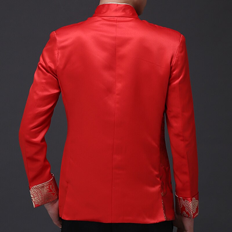 Dragon Pattern Jacquard Mens Red Suit Jacket Mandarin Collar Traditional Chinese Men Satin Wedding Jacket Frog Closure