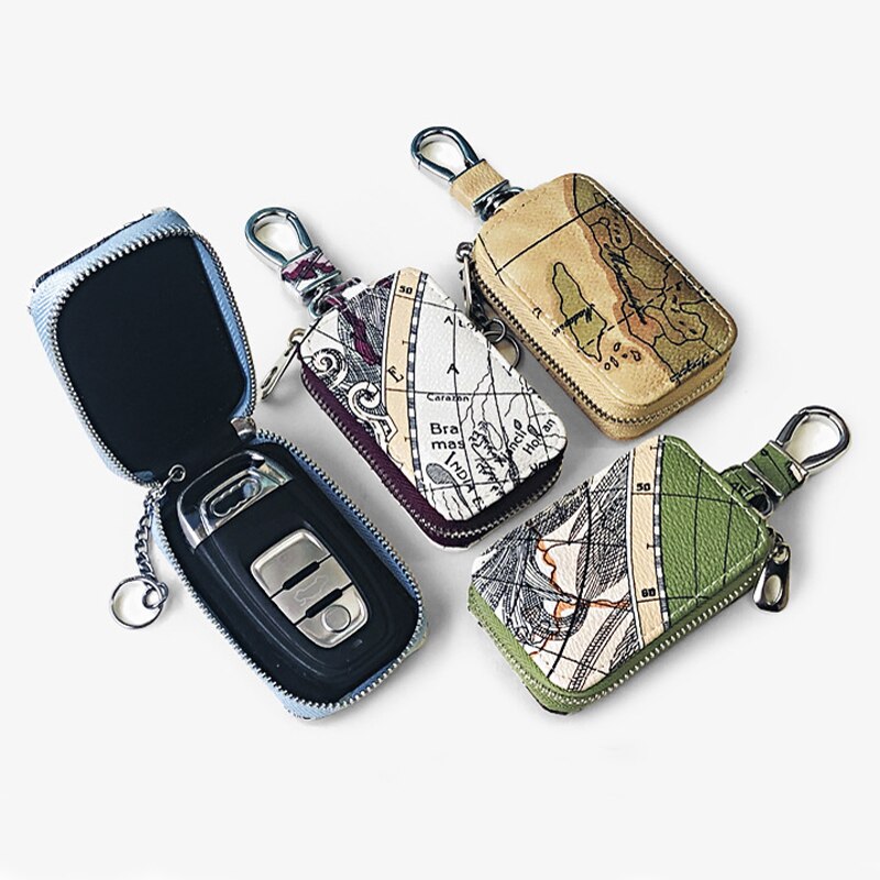 Map Pattern Mini Key Wallets Unisex Car Key Bag PU Leather Key Holder Key Case for Car Housekeeper Zipper Keychain Cover