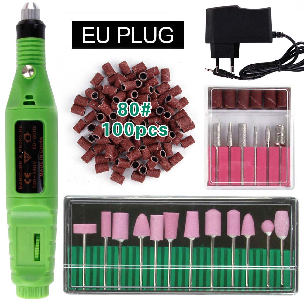 Elektryczne aparaty do Manicure urządzenie do Pedicure kwarcowe wiertła do paznokci 100Pc szlifowanie taśmy szlifierskie pilnik do paznokci bufor żel usuń: Green EU Plug 80