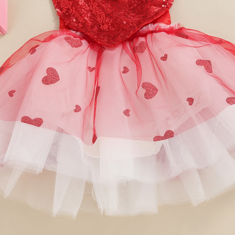 Infant Baby Girls Valentine's Day Romper Dress Suspender Sequin Love-Heart Open Back Bodysuit with Layered Tutu Mesh Skirt