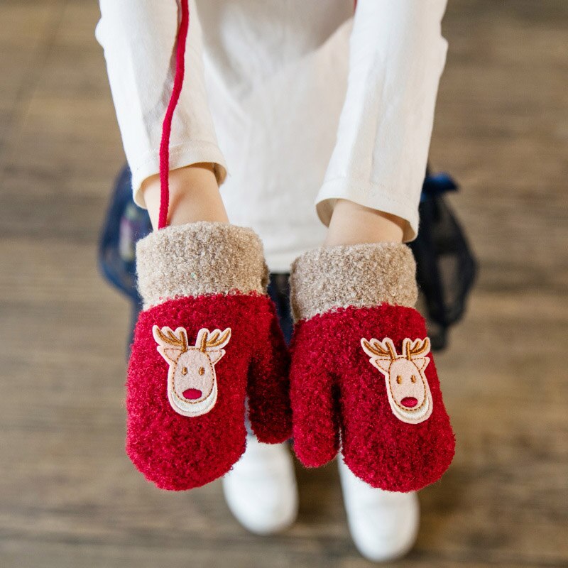 Belle 1-3 ans enfants hiver dessin animé papier cerf tricot mitaines garçon/filles épaissir velours tricot enfants doux gant A23: Red