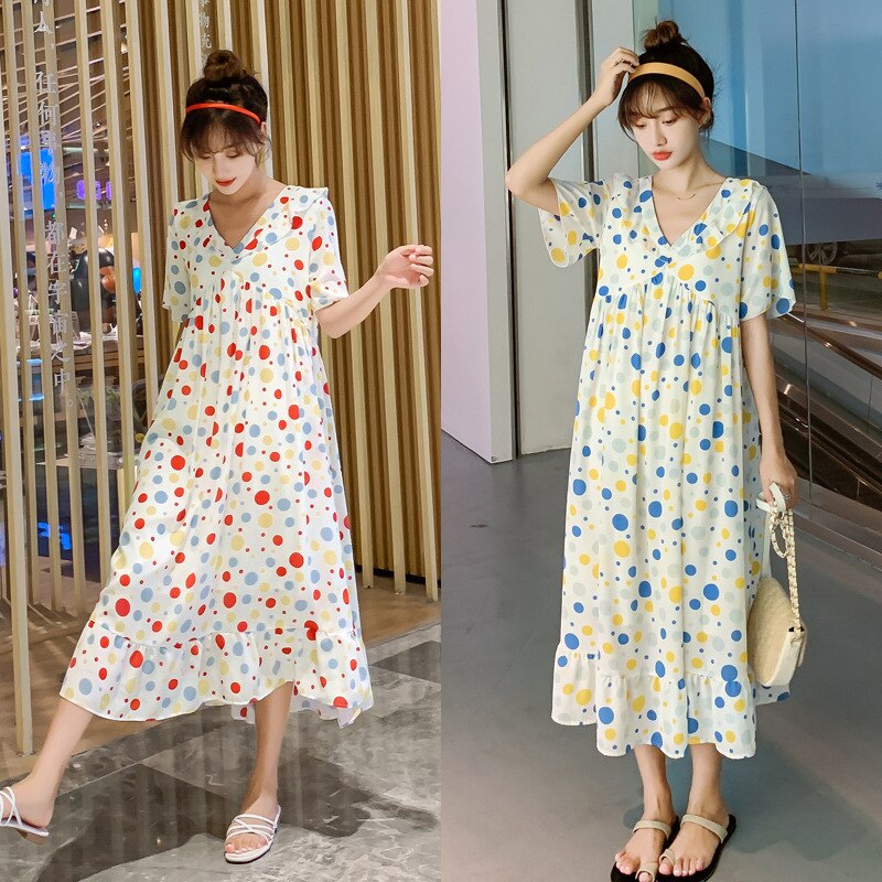 Summer Korean Maternity Long Dress A Line Clothes for Pregnant Women Sweet Polka Dot Pregnancy