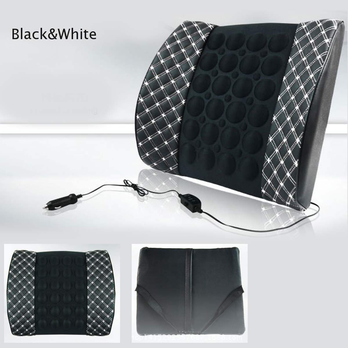 12V Car Massage And Heat Lumbar Cushion Car Electric Massage Cushion lumbar Massage Car Seat Back Cushion Waist support Winter: black and white