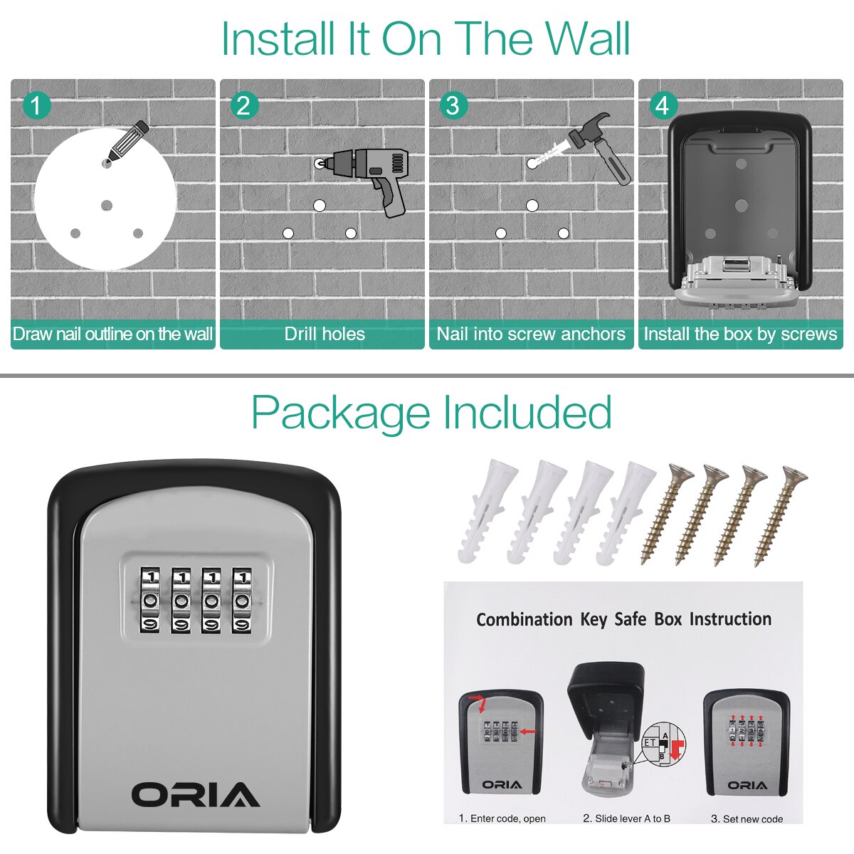 ORIA 4 Digit Combination Durable Key Storage Box Wall Mounted Safety Key Box Large Storage Capacity Safety Lock Box