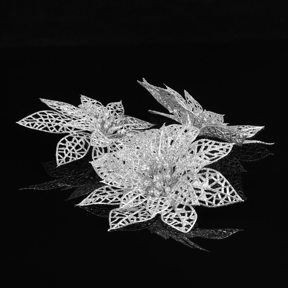 10Pcs Zilver Plastic Gesimuleerde Glitter Decoratieve Bloemen Voor Kerstboom Winter Decoratie