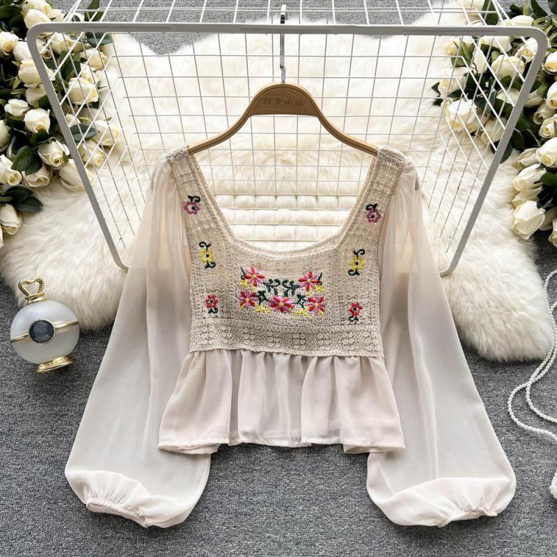 2022 Spring Summer Temperament Womens Tops And Blouses Square Neck Long Sleeve Chiffon Hollow Embroidery Ladies Polo Shirts