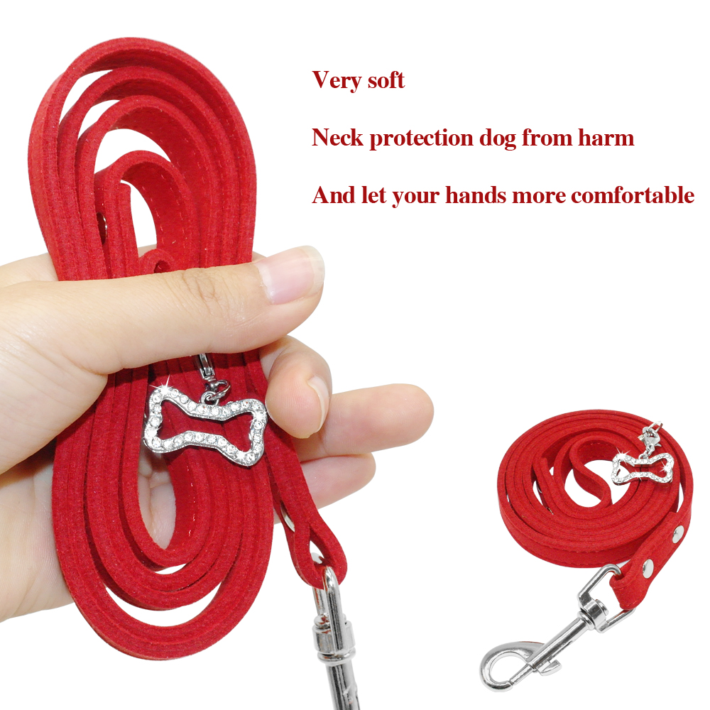 Zachte Suède Pet Hondenriem Katten Honden Wandelen Lead Touw Met Bling Strass Bone Hanger Huisdier Kat Kraag Riemen band