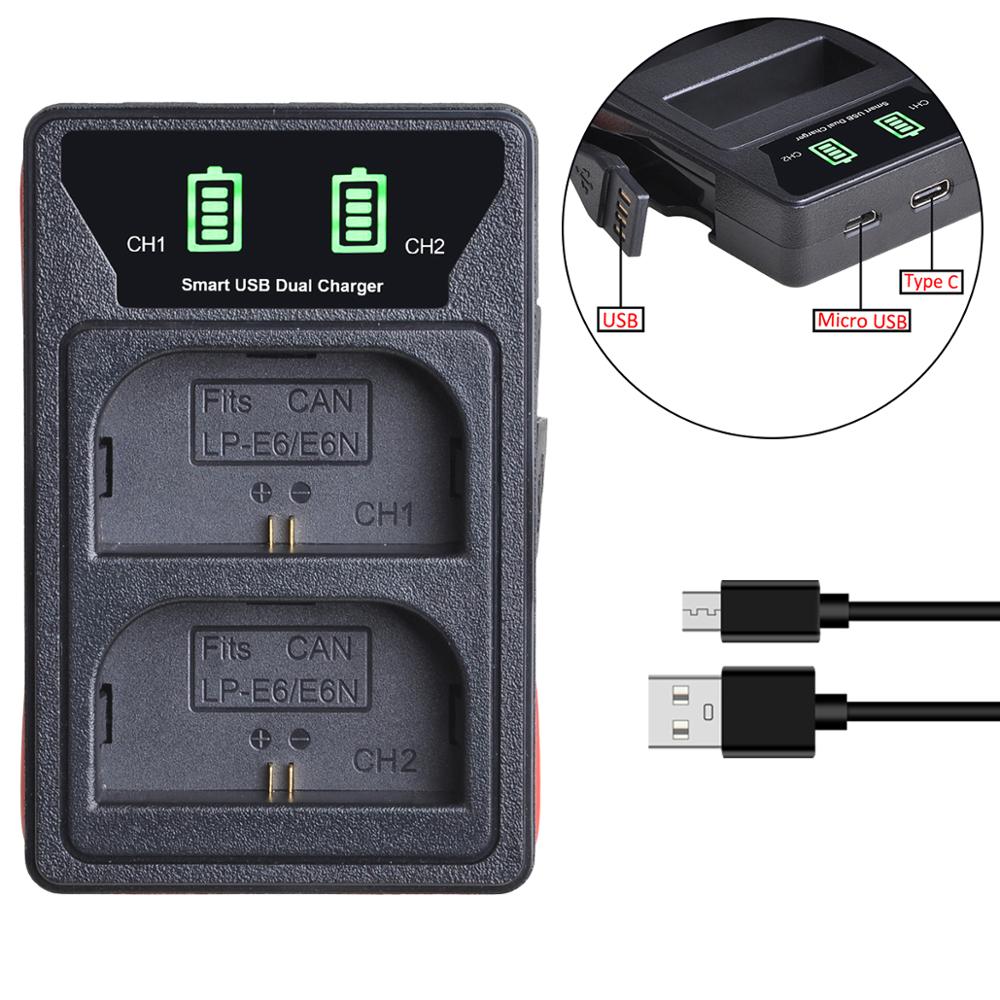 2 st lp  e6 lpe 6 lp-e6 batteri + led dubbel usb-laddare med typ-c-port för canon eos 5ds r 5d mark  ii 5d mark iii 6d 7d 80d: 1x laddare