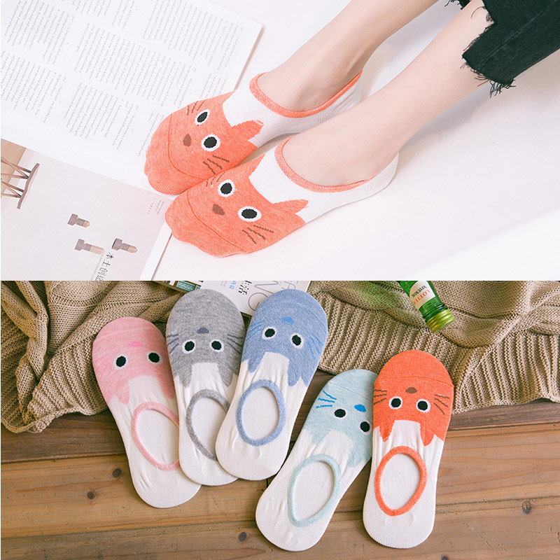 5 Paar Baumwoll-Knöchelsocken - Damen Low Cut Unsichtbare Bootssocken - Cartoon Tiermotiv: F