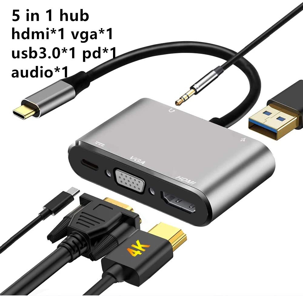 Adattatore Hub VGA USB C 3.0 compatibile da type-c a 4K HDMI per MacBook Nintendo Samsung S20 Dex Dock Huawei P30 Xiaomi 10 TV: 5 in 1 hub grey