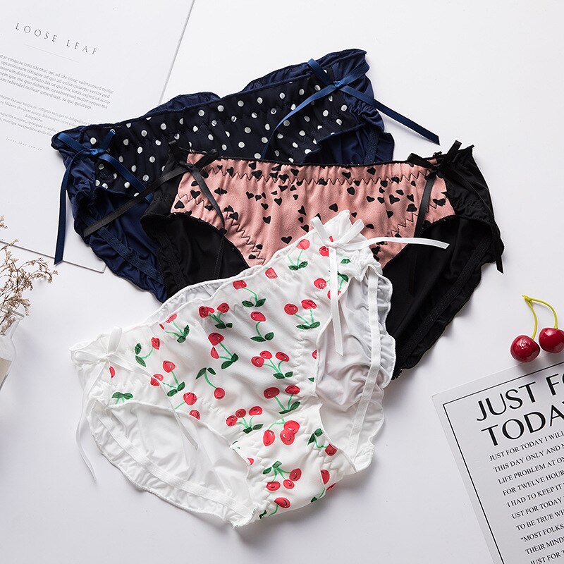 Culotte japonaise en soie glacée, produit, imprimé fraise, grand nœud, Triangle, en mousseline transparente, pour dames