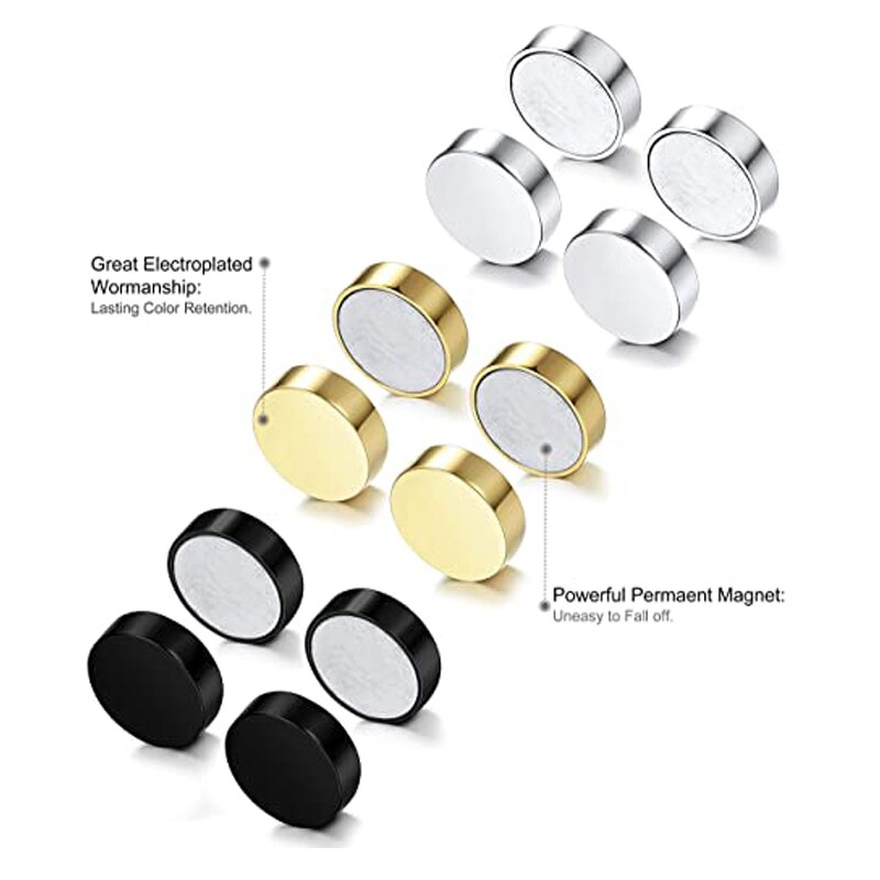 6 Pairs of Magnetic Earrings Men and Women Round Square CZ Magnet Non-piercing Clip Earrings Set Black Steel Gold