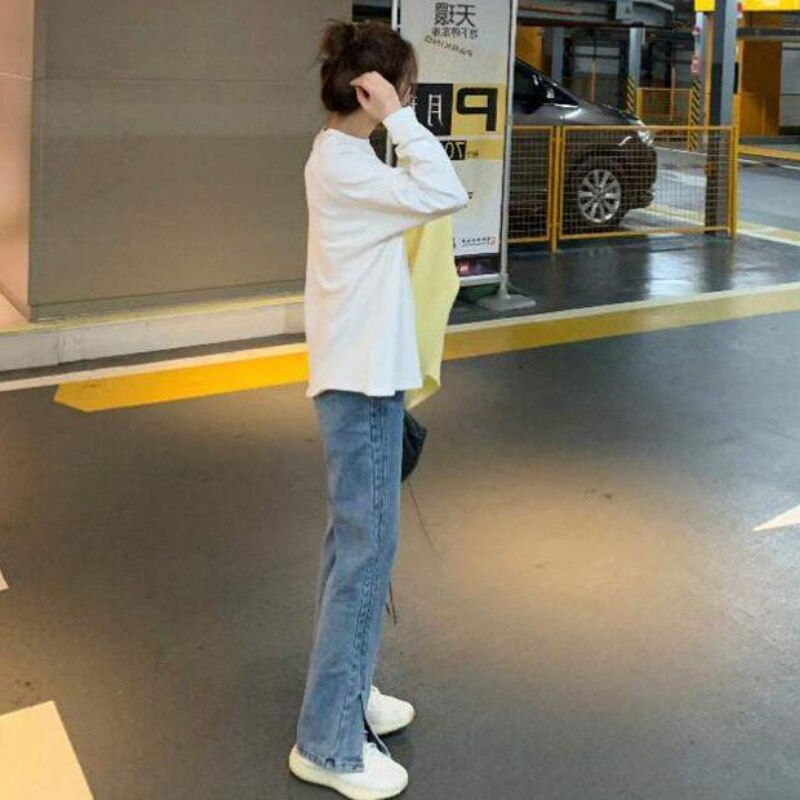 Jeans Women Oversize M-4xl All-match Full Length Flare Trousers Side Split Solid Casual Popular Street Teen Denim