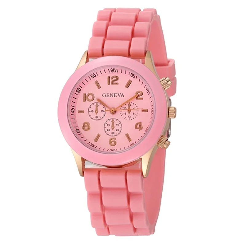 Känd märke geneva damklocka manlig och kvinnlig student silikon kvarts armbandsur klocka relogio feminino: Rosa