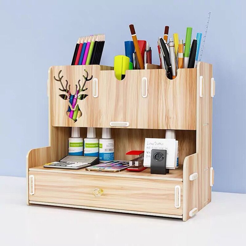 Large Capacity Wooden Pen Holder Pencil Storage Box Desktop Organizer Storage Case School Office Stationery