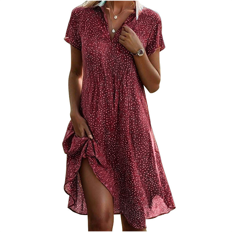 Women Summer Midi Dress Casual Loose Collar Short Sleeve Printed Polka Dot Shirt Dress Women's Clothing: XXXL / Red