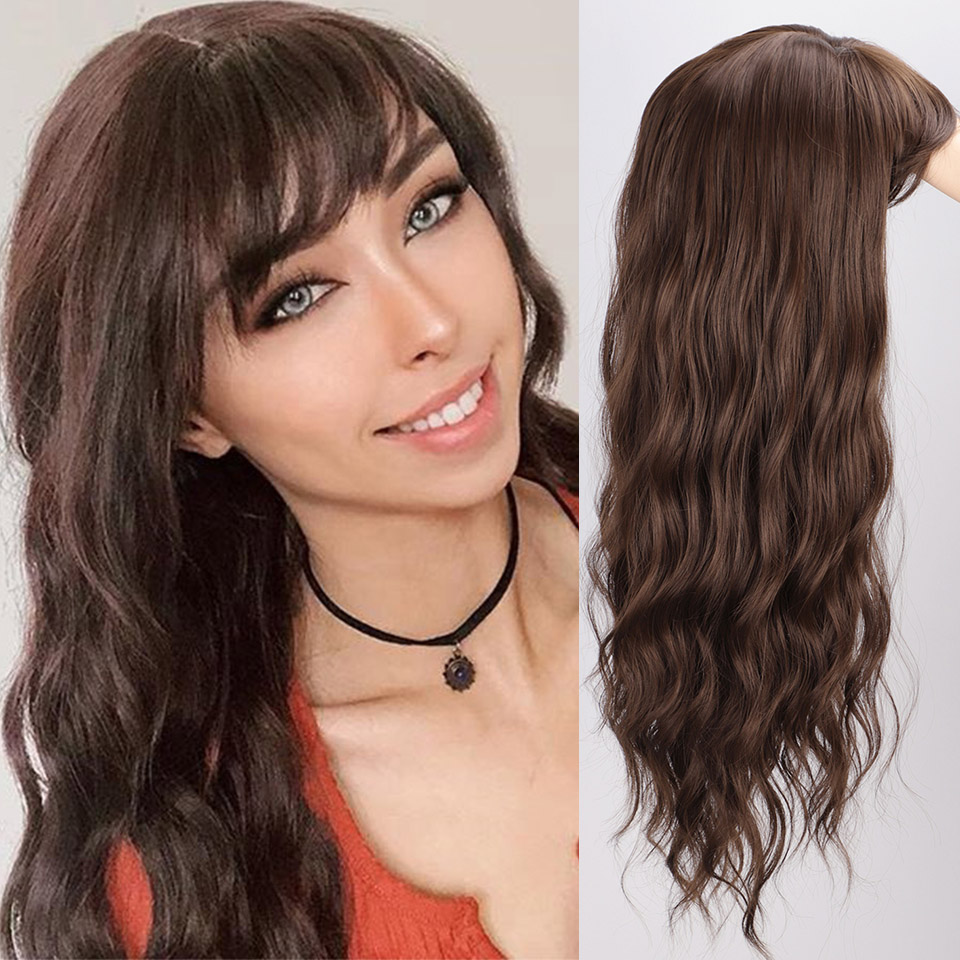 AISI Beauty Long Water Wave Synthetic Wigs with Bangs Mix Brown Wig for Women Pink Red Black Heat Resistant Hair: 8