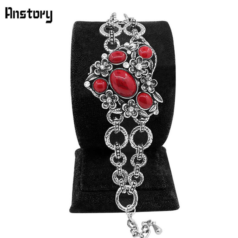 Holle Bloem Hartvorm Blauw Rode Steen Armband Voor Vrouwen Antieke Verzilverd Lock Mode-sieraden TB170