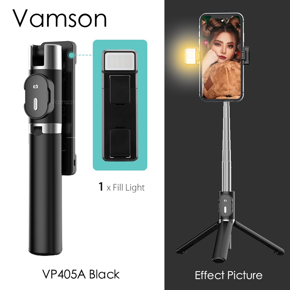 Vamson para iphone ios android tripé selfie vara com controle remoto sem fio bluetooth e 3 cores 9 modos duplo luz de preenchimento vp405: VP405A Black