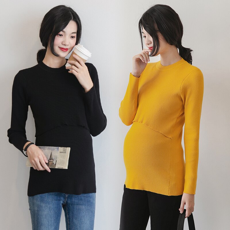 11 # taille unique tricoté maternité soins infirmiers chemises automne hiver mince fond chemise vêtements pour les femmes enceintes mince grossesse hauts