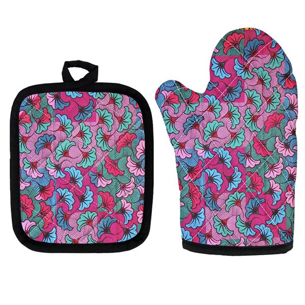Set Van 2 Afrikaanse Etnische Tribal Bloemen Keuken Koken Magnetron Handschoenen Mitts Pot Pad Heat Proof Beschermd Thuis Bakken pads: HTAE007D19