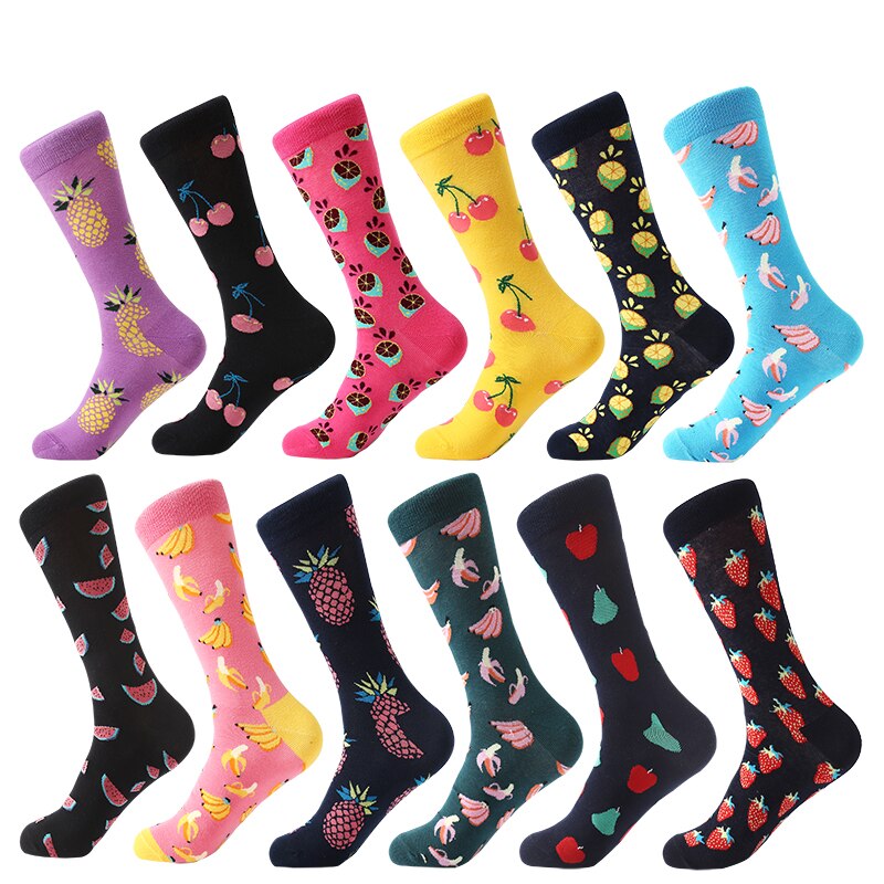 MYORED 12 par/lote calcetines informales para hombre a cuadros coloridos dibujos animados de frutas animales lunares rayas feliz de negocios calcetas de algodón de vestir Hombre: T028