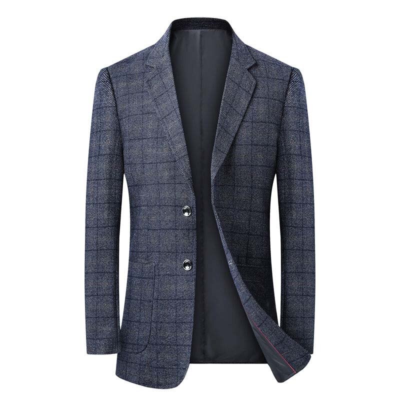 Men Blazers Fleece Wool 4XL 5XL Autumn British Plaid Male Slim Fit Business Casual Coat Men Brand Outwear Suit Jacket: Blue / L
