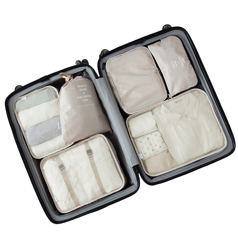 6Pcs/Set Waterproof Travel Bag Suitcase Packing Set Storage Organizer Portable Luggage Organizer Case Clothes Shoe Tidy Pouch: Beige