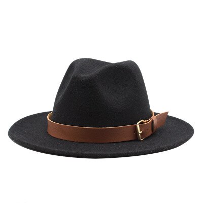 Fedora hoeden voor mannen, effen, formele kleding, kerk, bruiloft, brede rand, vilten hoed, winter, herfst, kaki, beige, riem, gesp, jazzpet voor mannen: Zwart