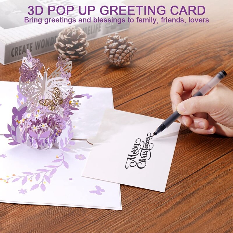 Purple Butterfly Birthday Popup Card, Butterfly Flower Basket 3D Greeting Cards For Women Girl Daughter, Mothers Day