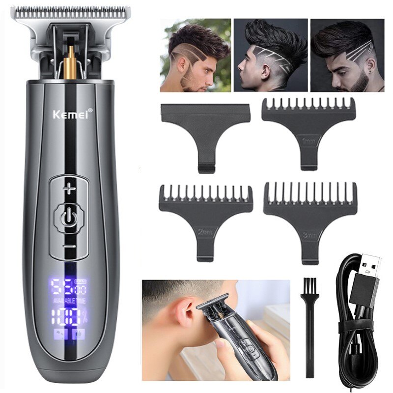 KEMEI USB Rechargeable Bald Head Hair Clipper LCD Display Trimmer Carbon Steel Ceramic Blade Shaving Cordless Hair Cutter KM 129
