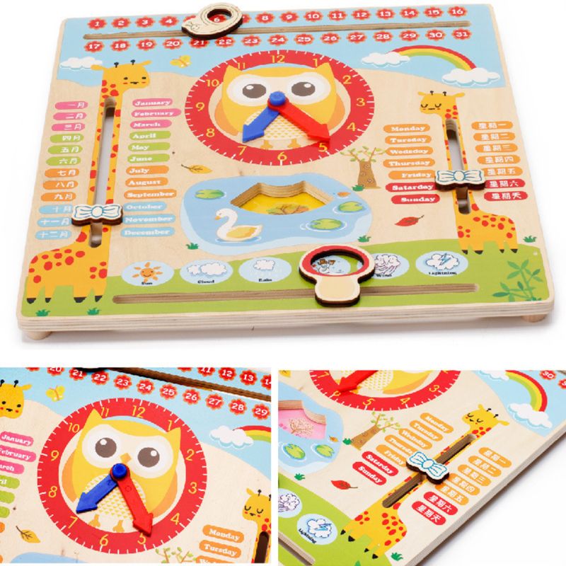 Kids Children Educational Teaching Aids Wooden Clock Cognitive Calendar Clock Wood Kids Preschool Clock
