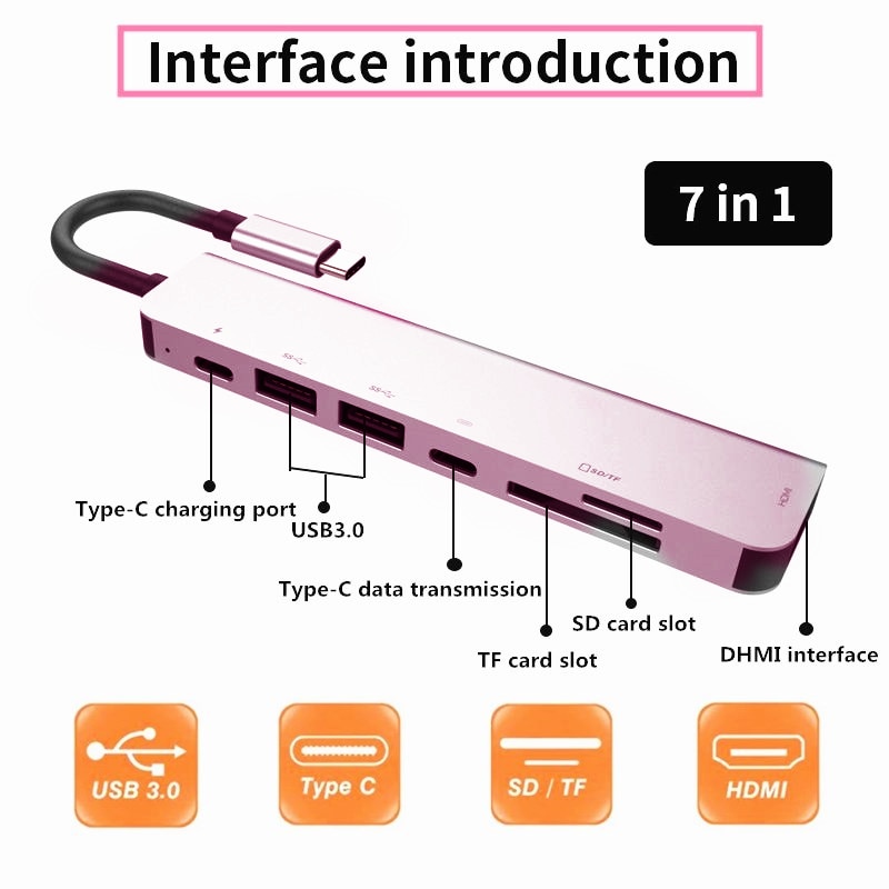 O novo 7-em-1 multifuncional HUBTYPE-C docking station usb3.0hdmi liga de alumínio hub dp carga rápida
