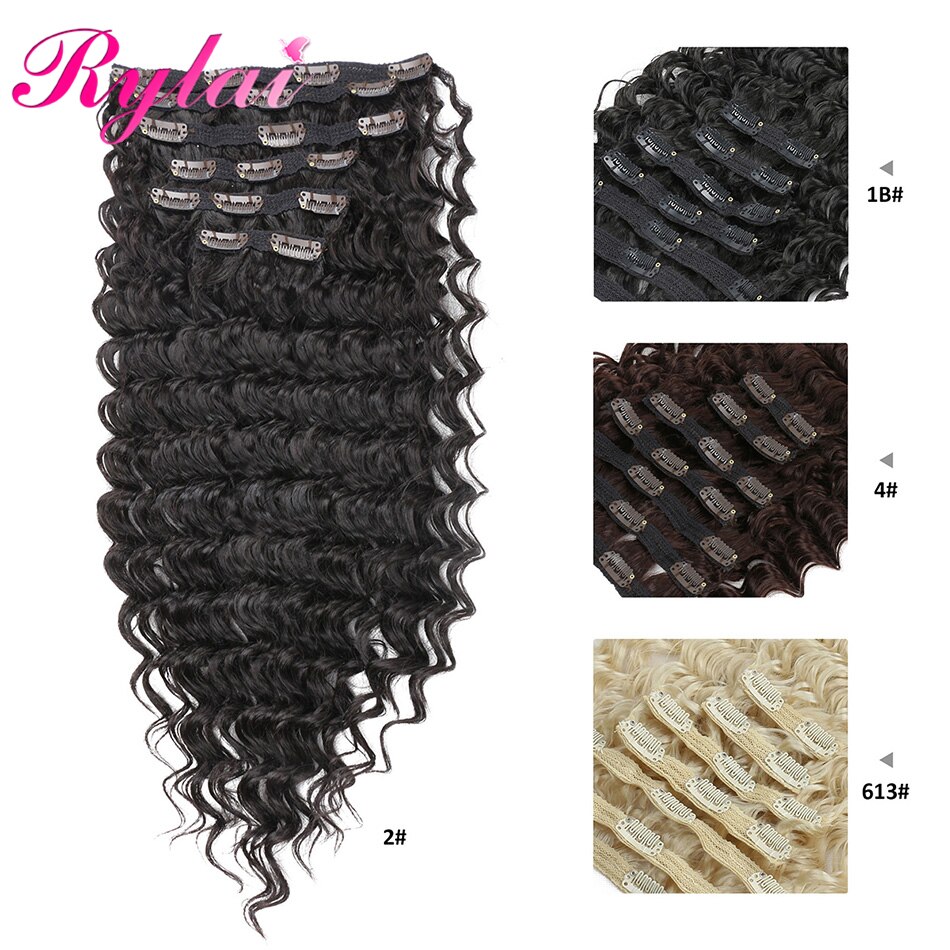 Synthetic Long Wave Clip On Deep Wave Hair Extensions 24 Inches 7Pcs/Lot Long And Full Head For Women High Tempareture Fibre