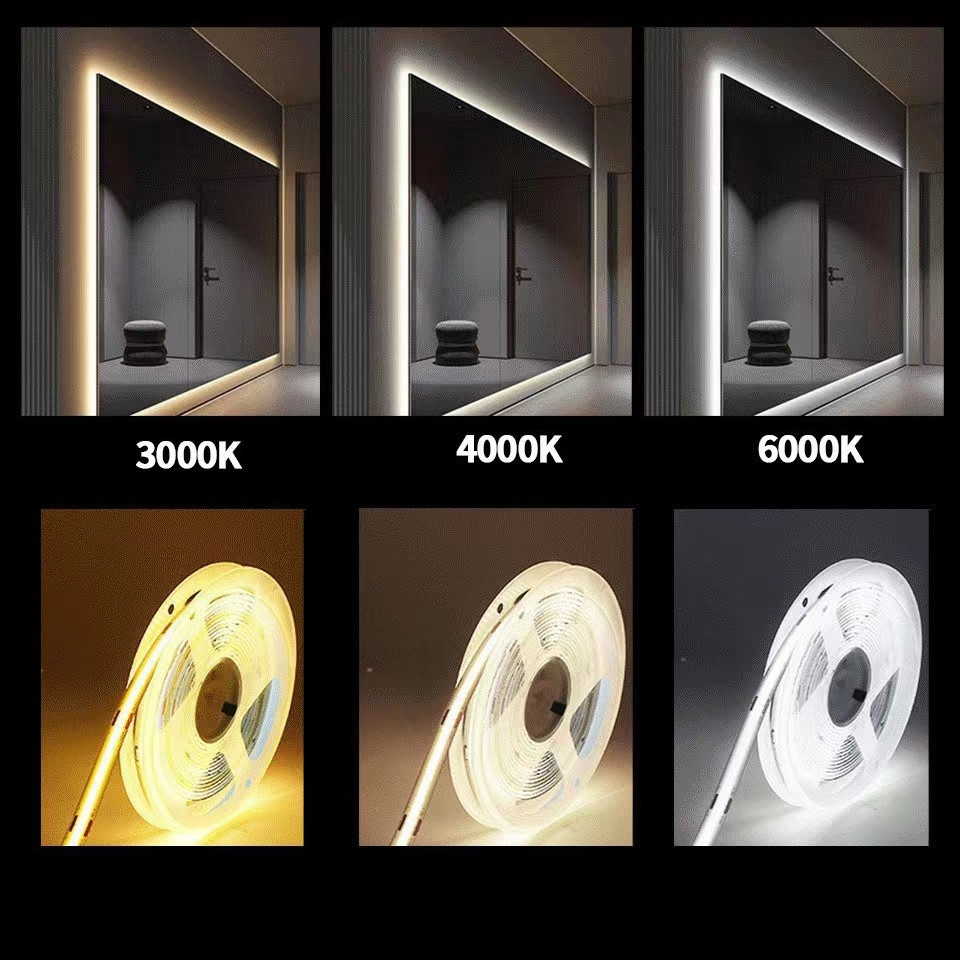 Tira de luces LED COB, cinta Flexible de alta densidad, 12V, 3000K, 4000K, 6500K, blanco, RA90, 1cm, corte de distancia corta