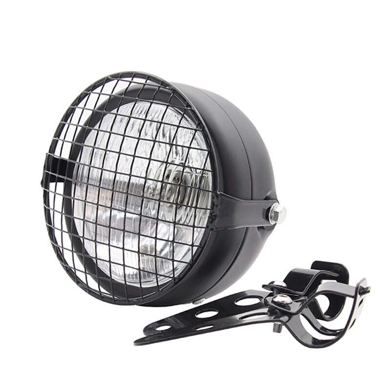Retro Vintage Motorcycle Universal Side Mount 35W 6.5 Inch Transparent Headlight Cafe Racer with Grille + Bracket Kit