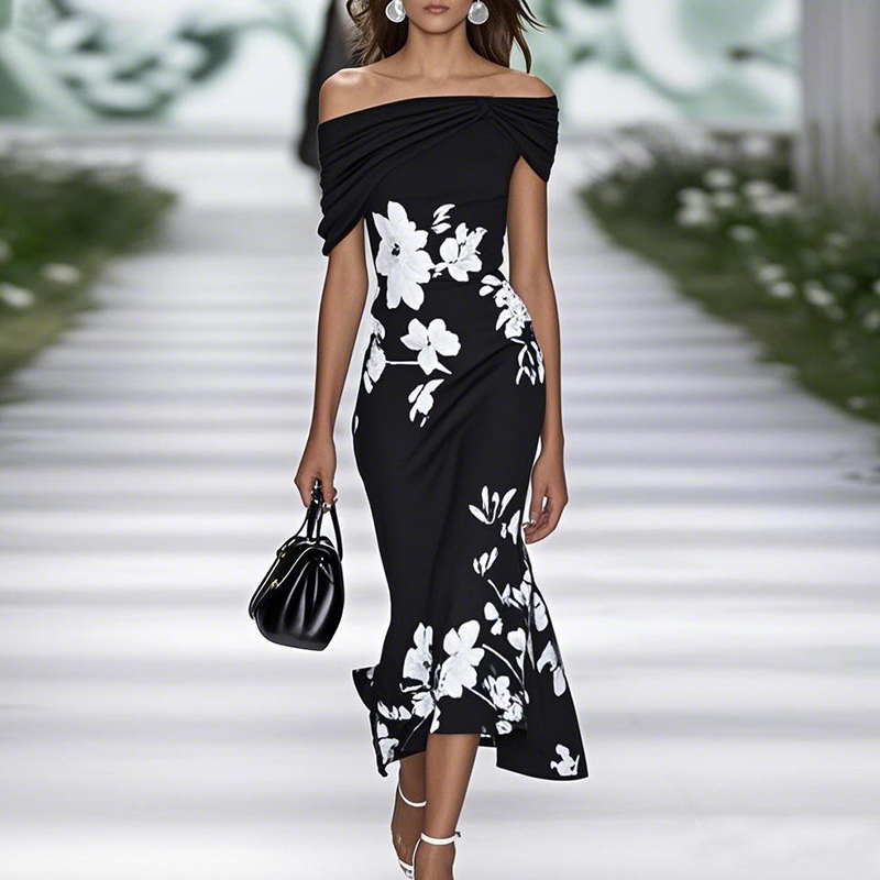 Sommerkjole med off-shoulder-ærmer til kvinder med blomsterprint og draperet lang kjole, sexet, højtaljet, slank festkjole