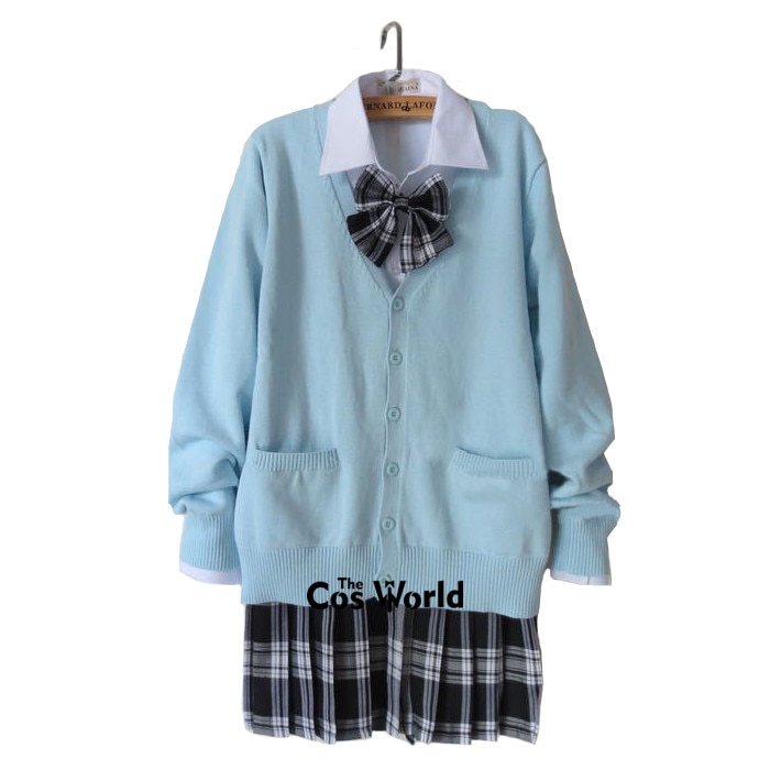 Preppy Style Student Class Japan JK High School Uniform Winter Blue V-Neck Cardigan Black White Pleated Skirt Suits