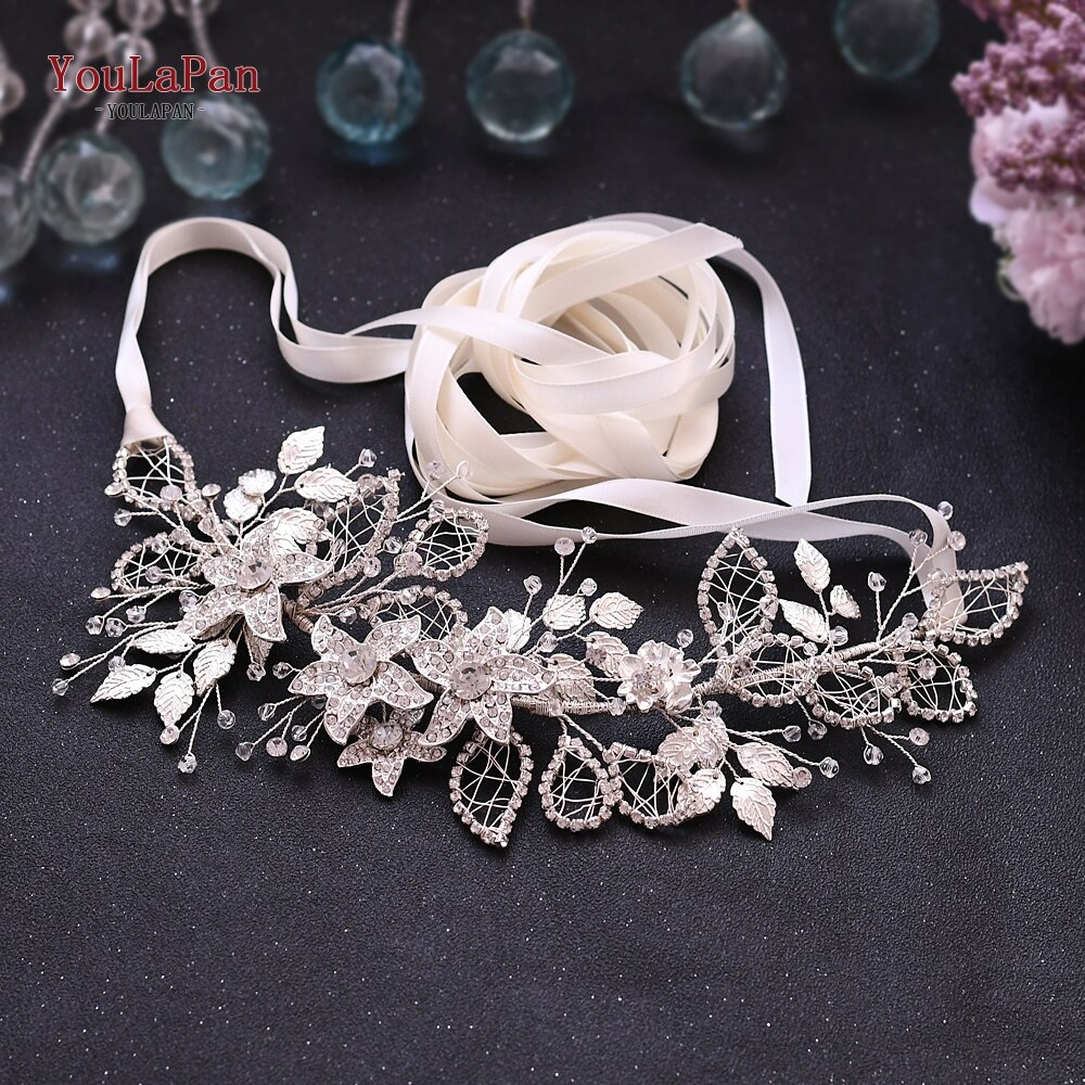 YouLaPan SH282 Rhinestone Belt Silver Diamond Belt Women’s Dress Belt Bridesmaid Dresses Belt Sparkly Belt Floral Bridal Belt: Off-White ribbon