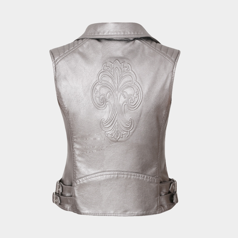 Kvinner motorsykkel pu imitert skinn ermeløse jakker dame turn-down krage belte glidelås vestlommer vest streetwear