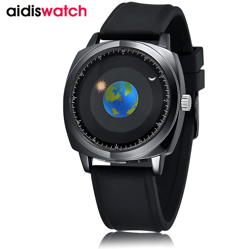 Addies Creatieve Roterende Aarde Wijzerplaat Horloge Siliconen Lederen Quartz Sport Horloge Heren Horloge Relogio Masculino Reloj