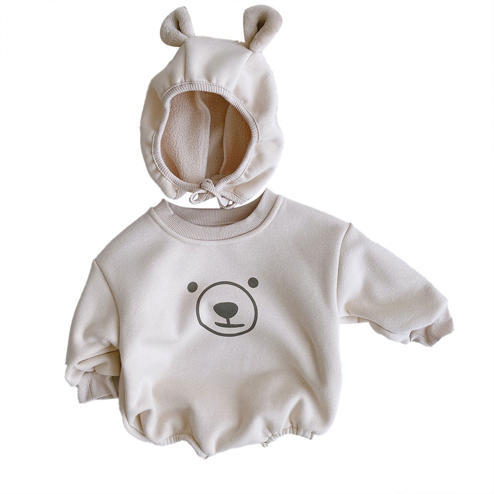 Baby Jongens Meisjes Cartoon Beer Print Romper Lange Mouw Bodysuit Met Hoed Katoen Kids Baby Winter Plus Fluwelen Dikker Jumpsuits: Beige / 0-3 Months