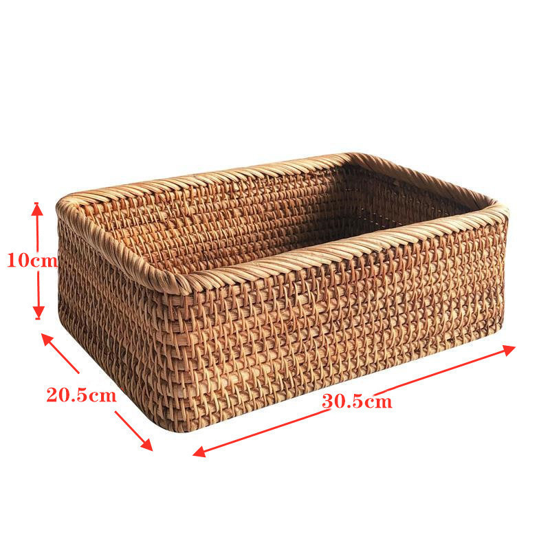 Hand Woven Storage Basket Rattan Wicker Rectangular Basket Kitchen Living Room Storage Organizer Fruit Snack Storage Box: Large Basket-S
