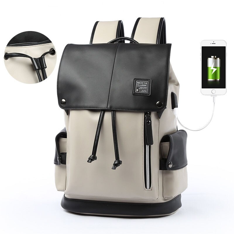 Man Backpack PU Leather USB Recharging Laptop School BaG Male Waterproof Travel Multi-color backpack Casual Bag: white  Drawstring