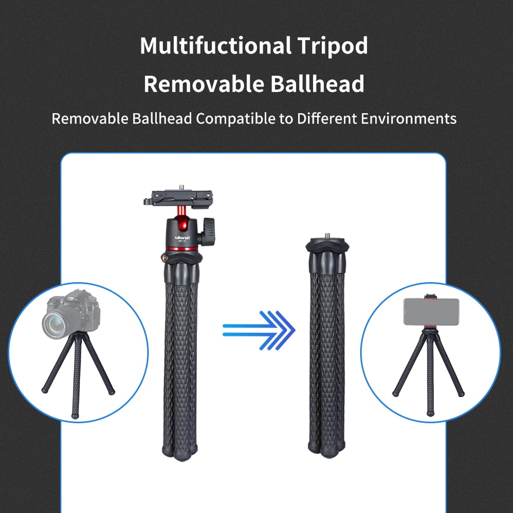 Ulanzi-trípode pulpo Flexible de MT-11, soporte con de plataforma de tornillo de 1/4 pulgadas, cabeza esférica de ajuste de 360 °, capacidad de carga de 1,2 kg/2.6lbs