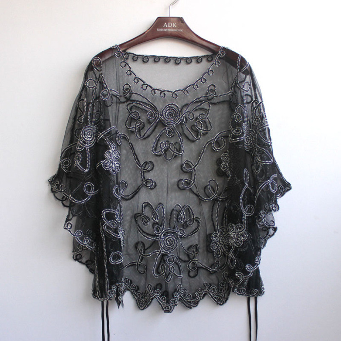 Zomer Toevallige Losse Oversized Dunne Mesh Borduren Bloemen Batwing Mantel Cape See-Through Kant Poncho Jas Feminino: black with white
