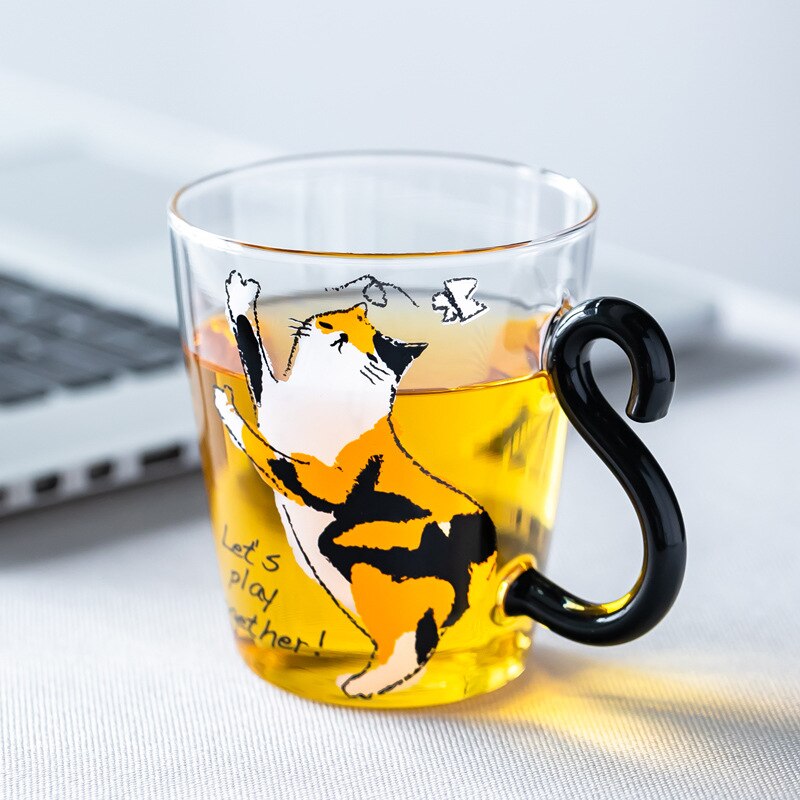Juego de tazas de café de vidrio con forma de gato negro, taza de té con forma de Animal, estilo japonés Kawaii, para el hogar, 250 ml: Yellow Cat