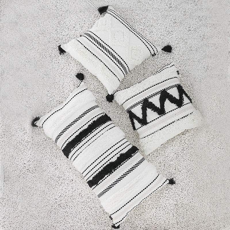 Dunxdeco pudebetræk dekorativ tufting pudebetræk moderne enkel marokko hvid sort geometriske kvaster sovesofa coussin