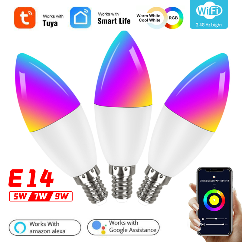 Tuya Wifi Smart Light Bulb E14 Candle Lamp RGB+CW+WW 5W 7W 9W Smart Life APP Voice Control Compatible Alexa Google Dimmable Home
