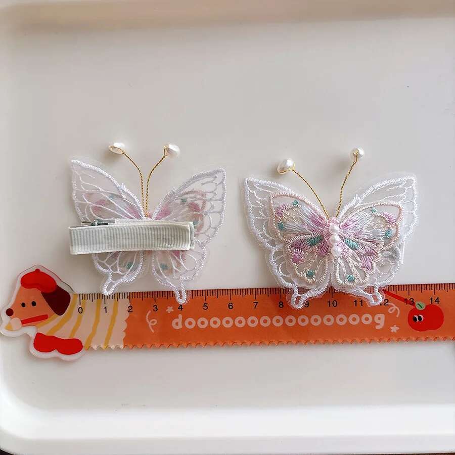 2 piezas de horquillas con forma de mariposa y perlas bordadas para niños, pinzas para el pelo, pasadores, accesorios para el cabello